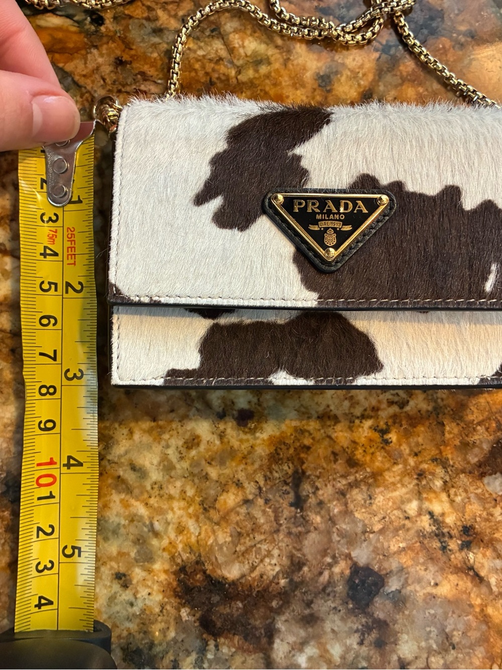 Prada Cowhide Patchwork Crossbody in Brown & White with Gold Chain - Picture 4 of 12